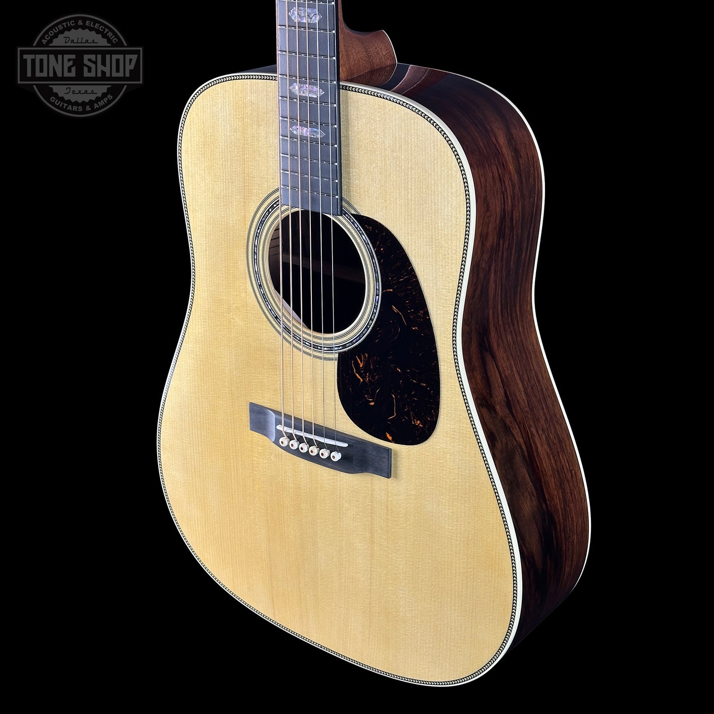 Front angle of Martin Custom Shop Dread 14-Fret Wild Grain East Indian Rosewood.