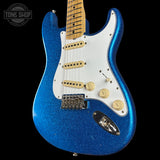 Front angle of Fender Custom Shop 1969 Stratocaster Journeyman Relic Blue Sparkle.