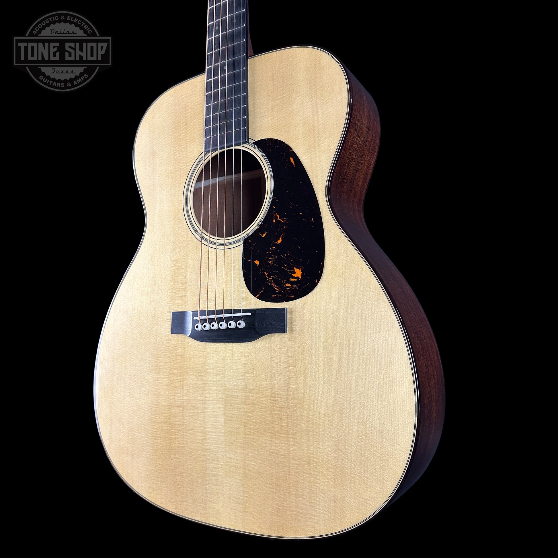 Front angle of Martin Custom Shop 18 Style 0000 Euro Spruce/Sinker Mahogany.