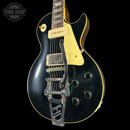 Front angle of Custom Shop Dealer Select 1956 Les Paul Standard Bigsby Ebony Top Light Aged NH.