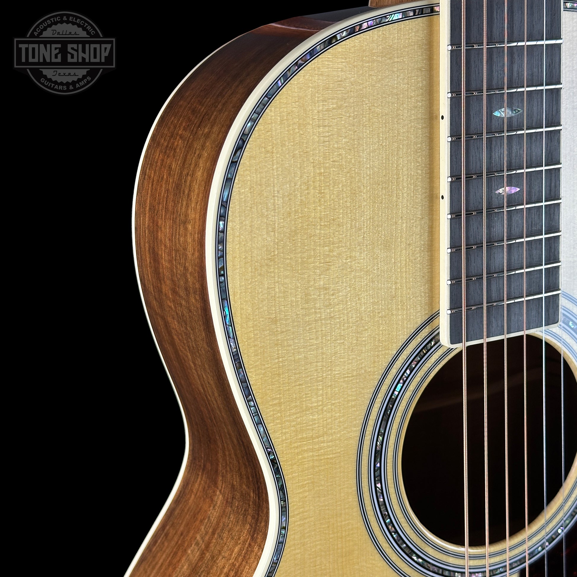Front angle of Martin Custom Shop 00-12F 41 Style Adirondack/Exceptional Broad Figure Koa.
