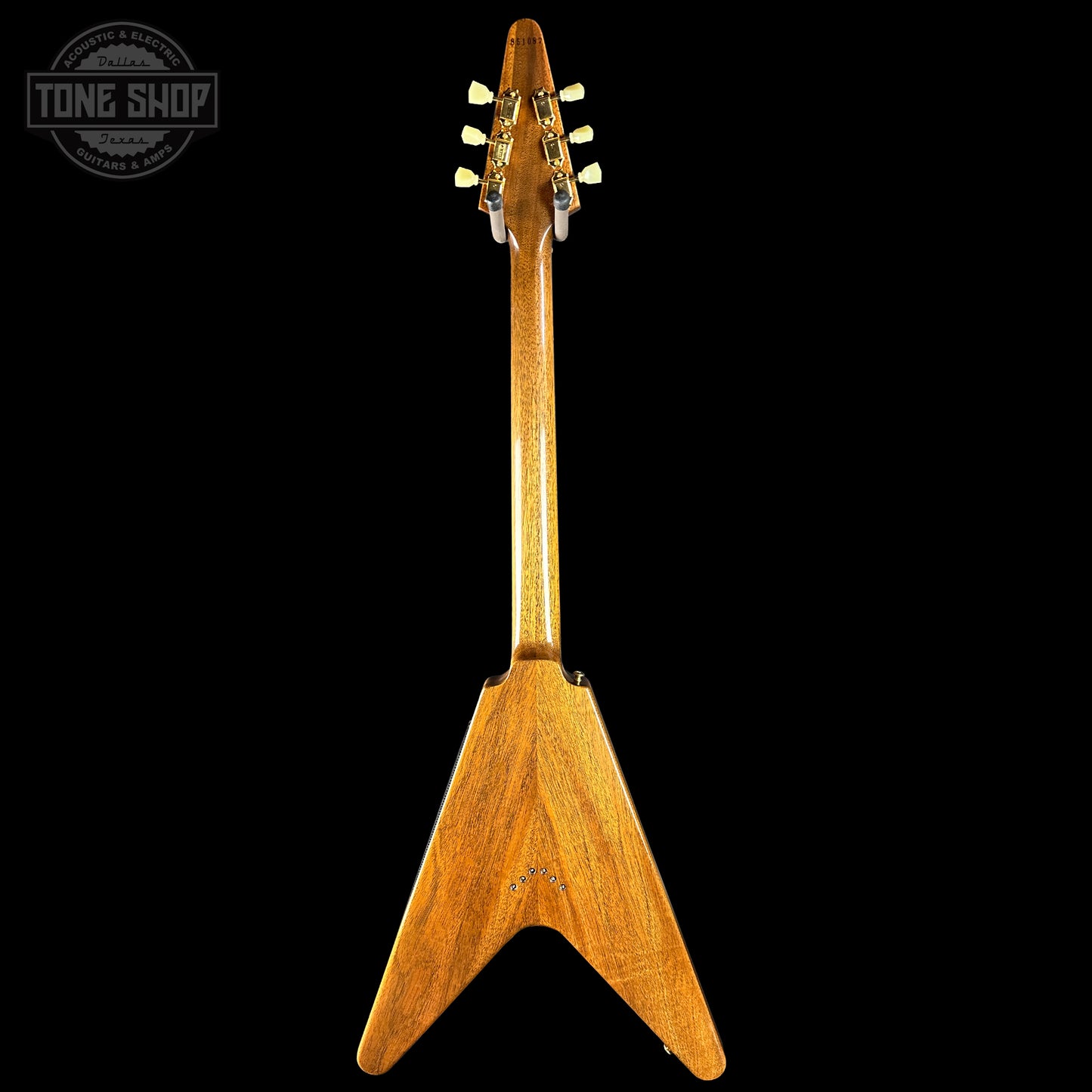 Full back of Gibson Custom Shop 1958 Mahogany Flying V Reissue Antique Natural.