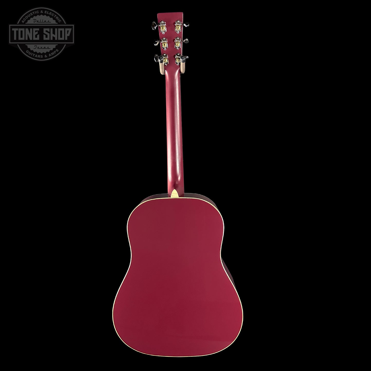 Full back of Martin Custom Shop Slope Shoulder Dread Spruce/Mahogany Burgundy.