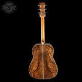Full back of Martin Custom Shop Slope Shoulder Dread 1935 Sunburst 28 Style Adirondack / Wild Grain East Indian Rosewood.
