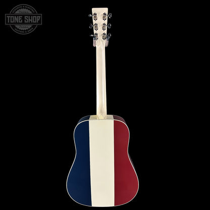Acoustic guitar with a red, white, and blue striped design on a black background