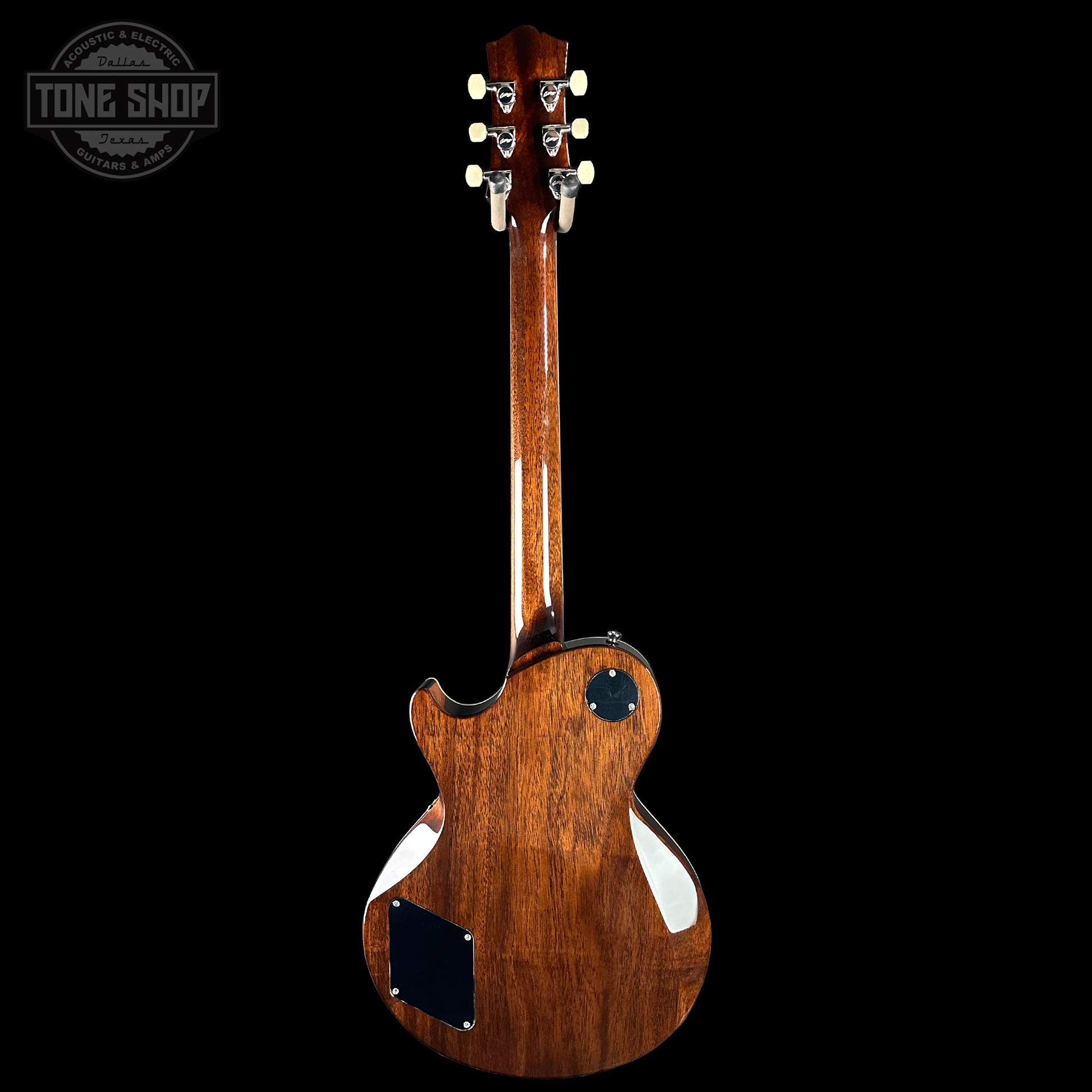 Wooden electric guitar with a visible brand logo on a black background