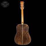 Full back of Martin Custom Shop Dread 28 Style 1935 Sunburst Adirondack / Wild Grain East Indian Rosewood.
