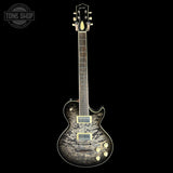 Full front of Collings CL City Limits DLX Quilt Top Acid Wash Charcoal Burst.