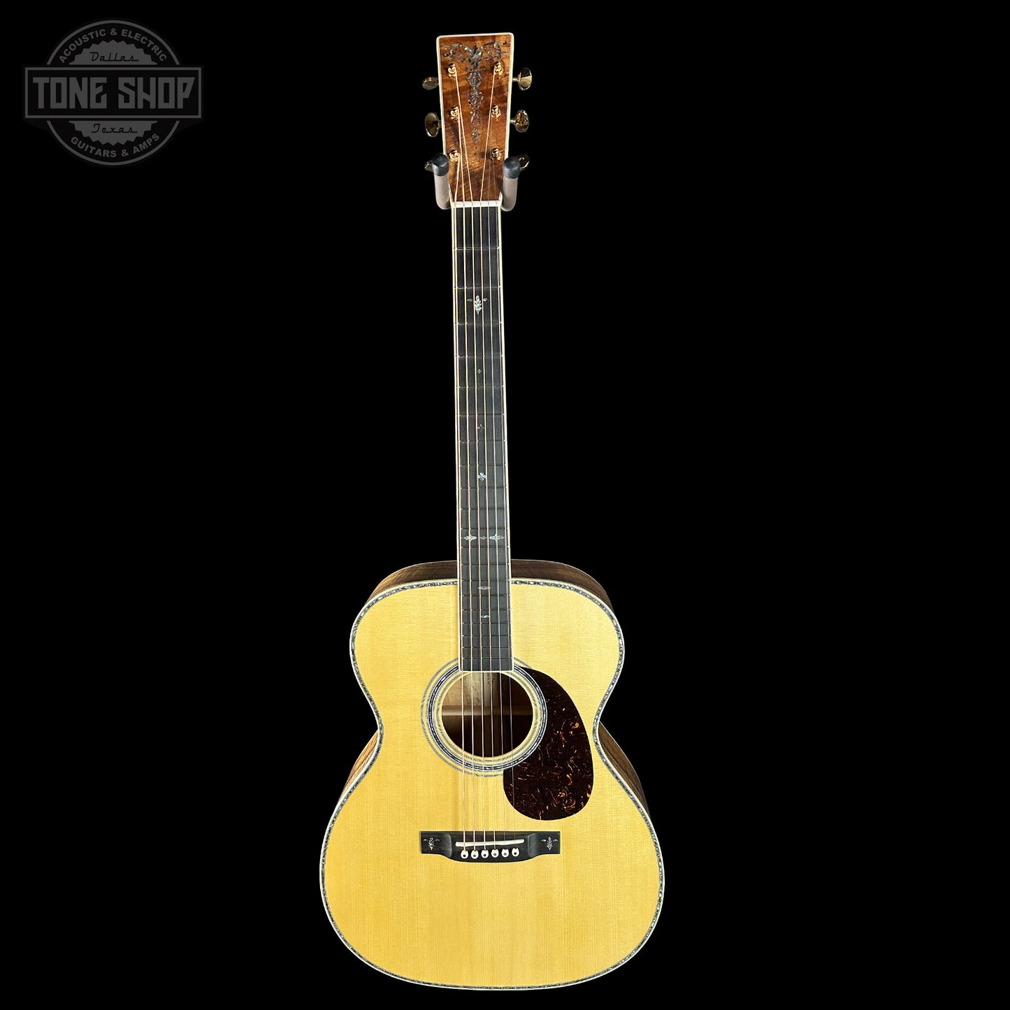 Full front of Martin Custom Shop OM 41 Style Adirondack / Exceptional Broad Figure Koa.