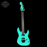 Full front of Charvel Custom Shop DK24 HH FR Reverse Headstock Sea Foam Green.