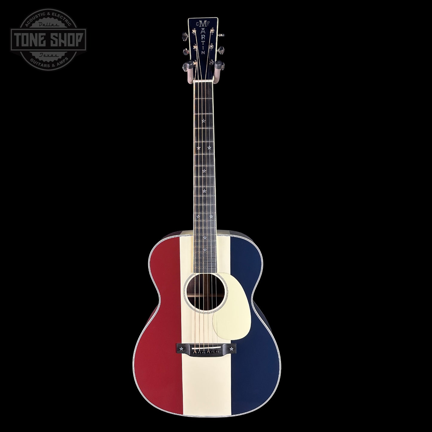 Full front of Martin Custom Shop OM Red/White/Blue Sitka/EIR.