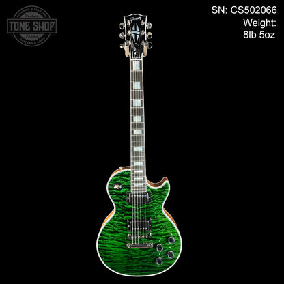 Full front of Gibson Custom Shop TSG Anniversary Les Paul Custom Chambered 7A Quilt Trans Green.