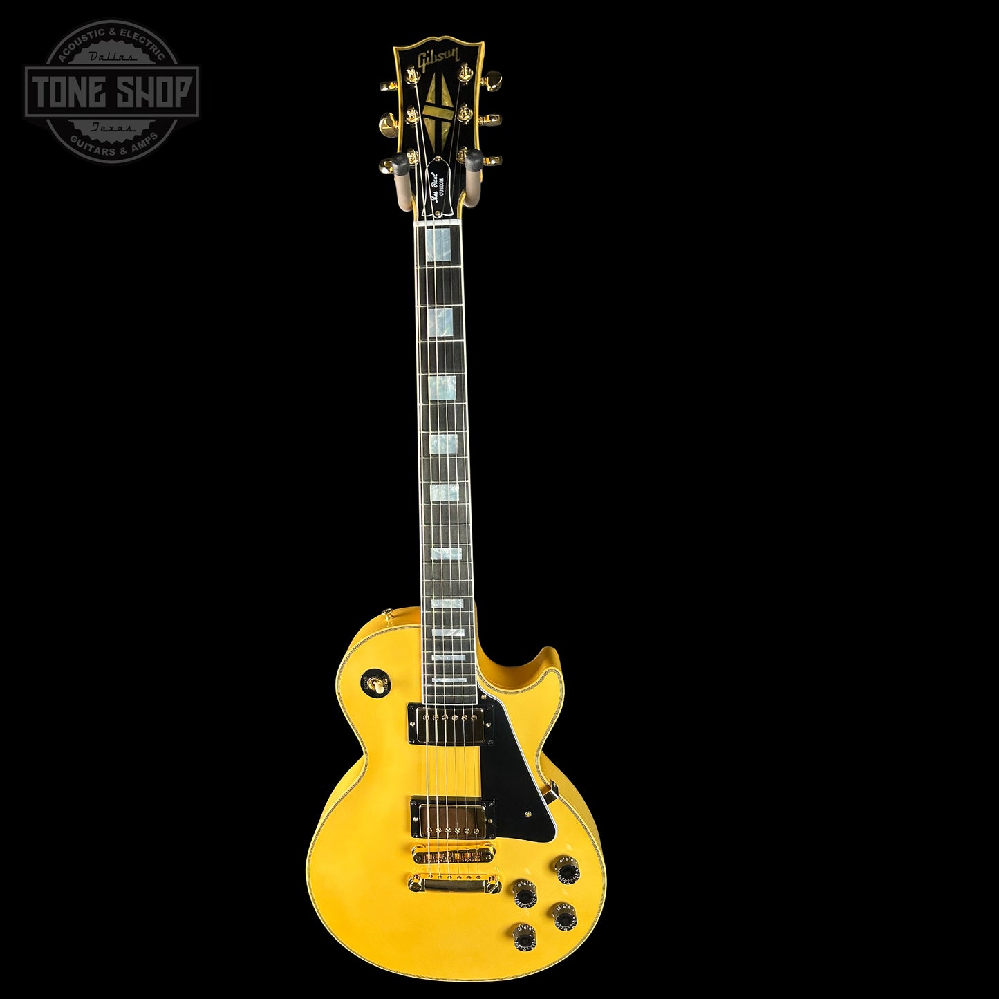 Full front of Gibson Custom Les Paul Custom Chambered Heavy Antique White VOS.