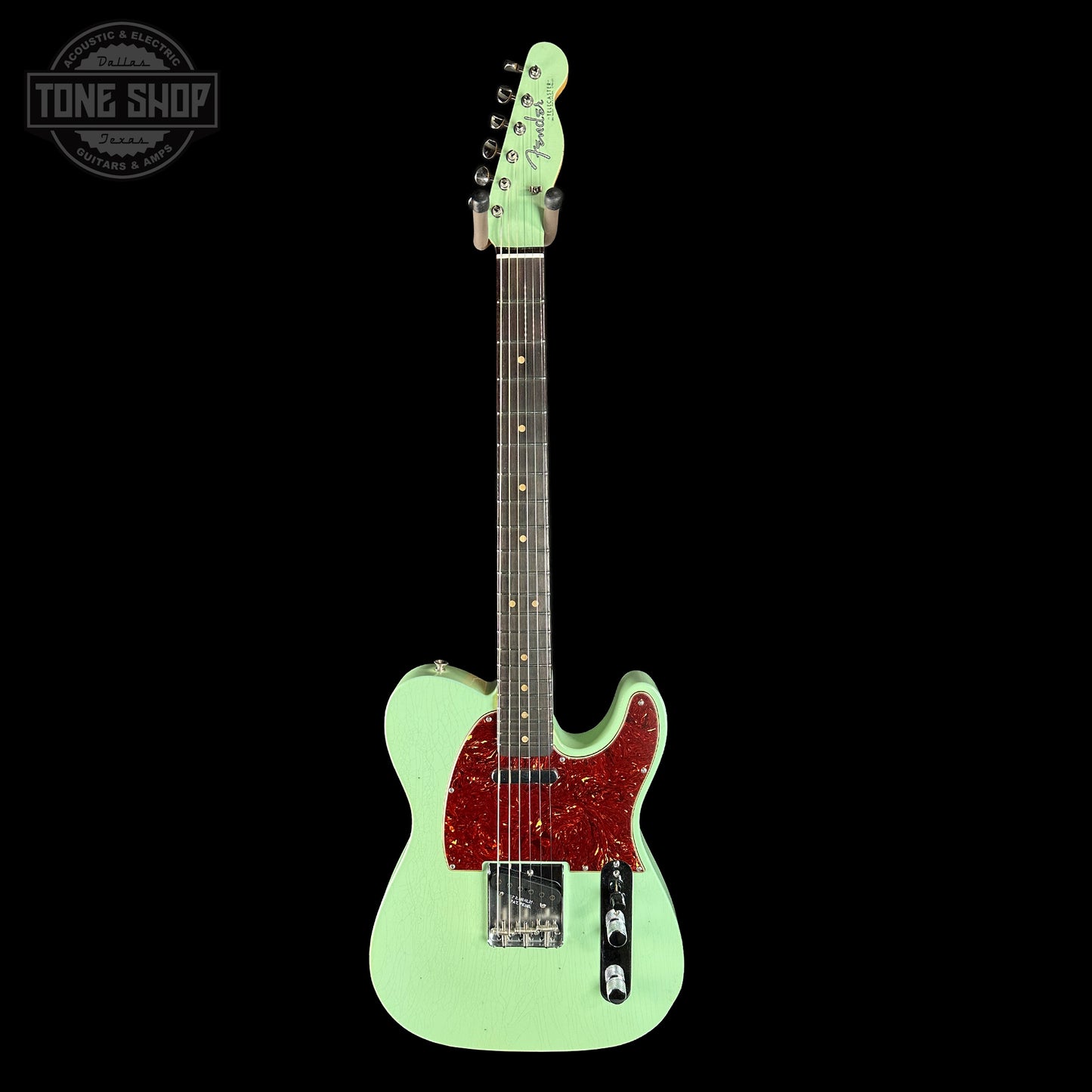 Full front of Fender Custom Shop 1963 Telecaster Journeyman Relic Aged Surf Green.