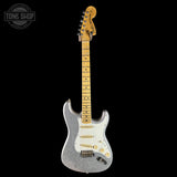 Full front of Fender Custom Shop 1969 Stratocaster Journeyman Relic Silver Sparkle.