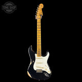 Full front of Fender Custom Shop 1957 Stratocaster Relic Black AAA Maple Neck.