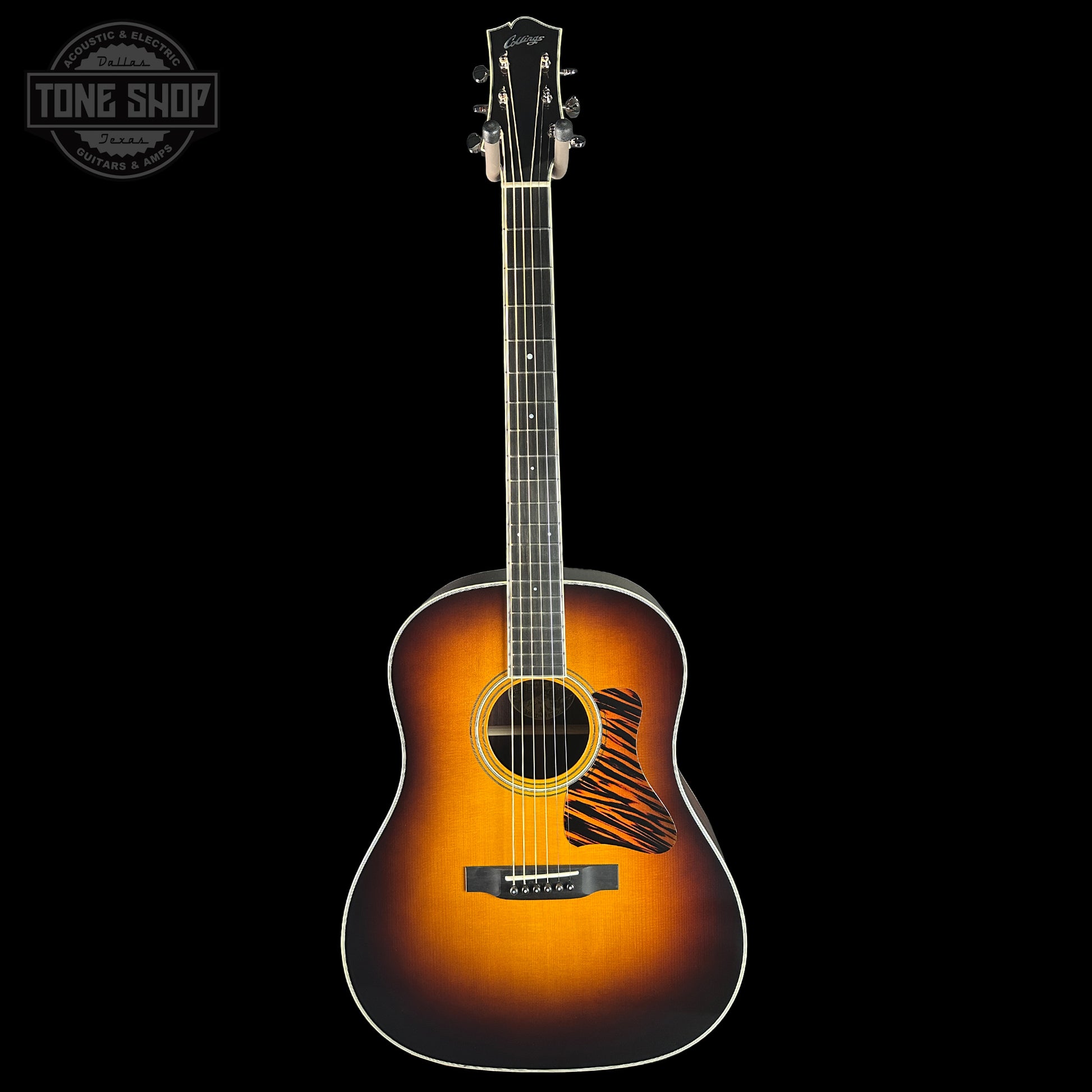 Full front of Collings CJ Adirondack Sunburst Tigerstripe Pickguard.