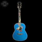 Full front of Taylor 2025 Namm Custom #41 Grand Pacific Aquamarine Koi Motif w/case w/matching Circa 74 amp.
