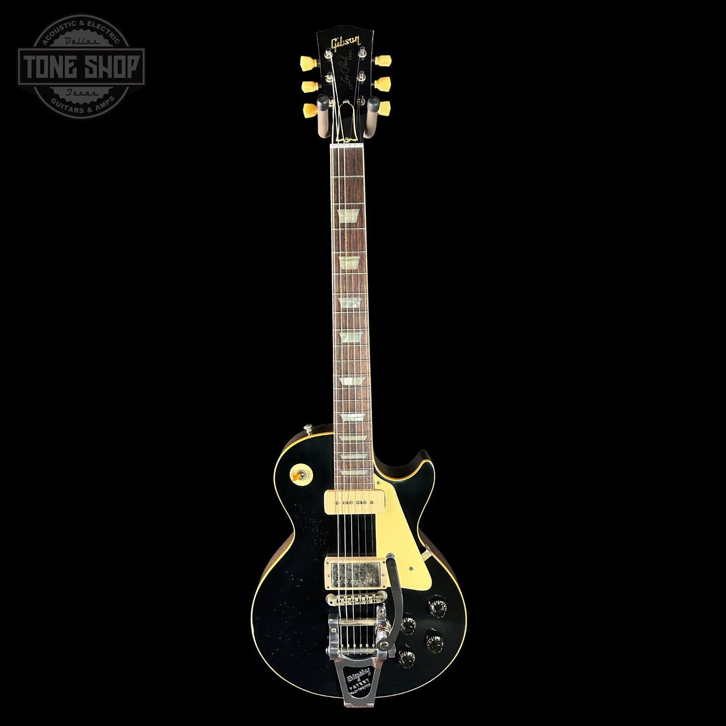 Full front of Custom Shop Dealer Select 1956 Les Paul Standard Bigsby Ebony Top Light Aged NH.