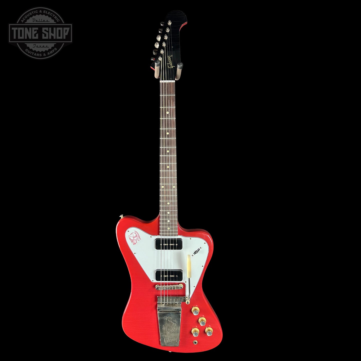 Full front of Gibson Custom Dealer Select 1965 Non Reverse Firebird Ember Red Ultra Light Aged.
