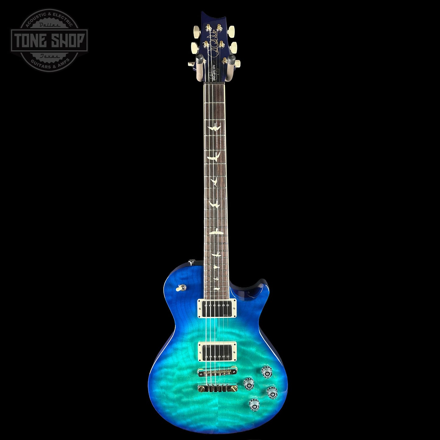Full front of PRS S2 Wood Library McCarty 594 Singlecut Quilt Makena Blue.