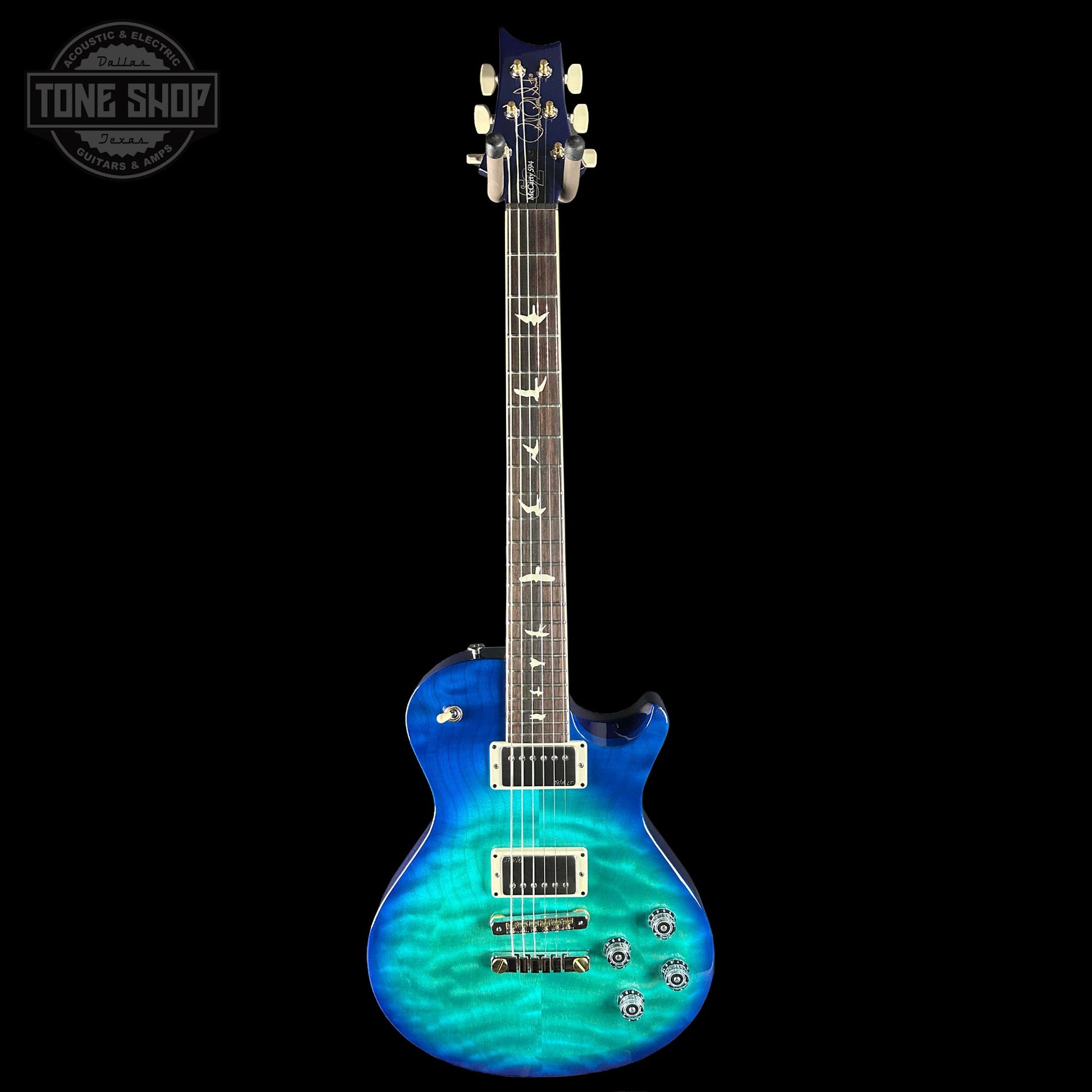 Full front of PRS S2 Wood Library McCarty 594 Singlecut Quilt Makena Blue.