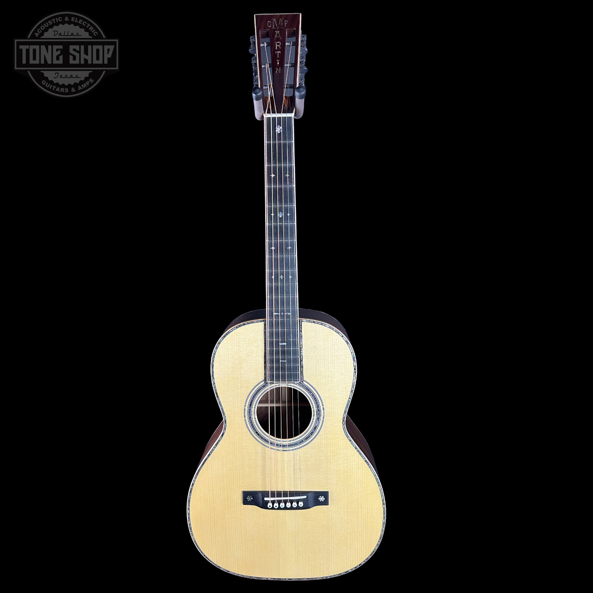 Full front of Martin Custom Shop 00-12F 45 Style Adirondack/Wild Grain East Indian Rosewood.