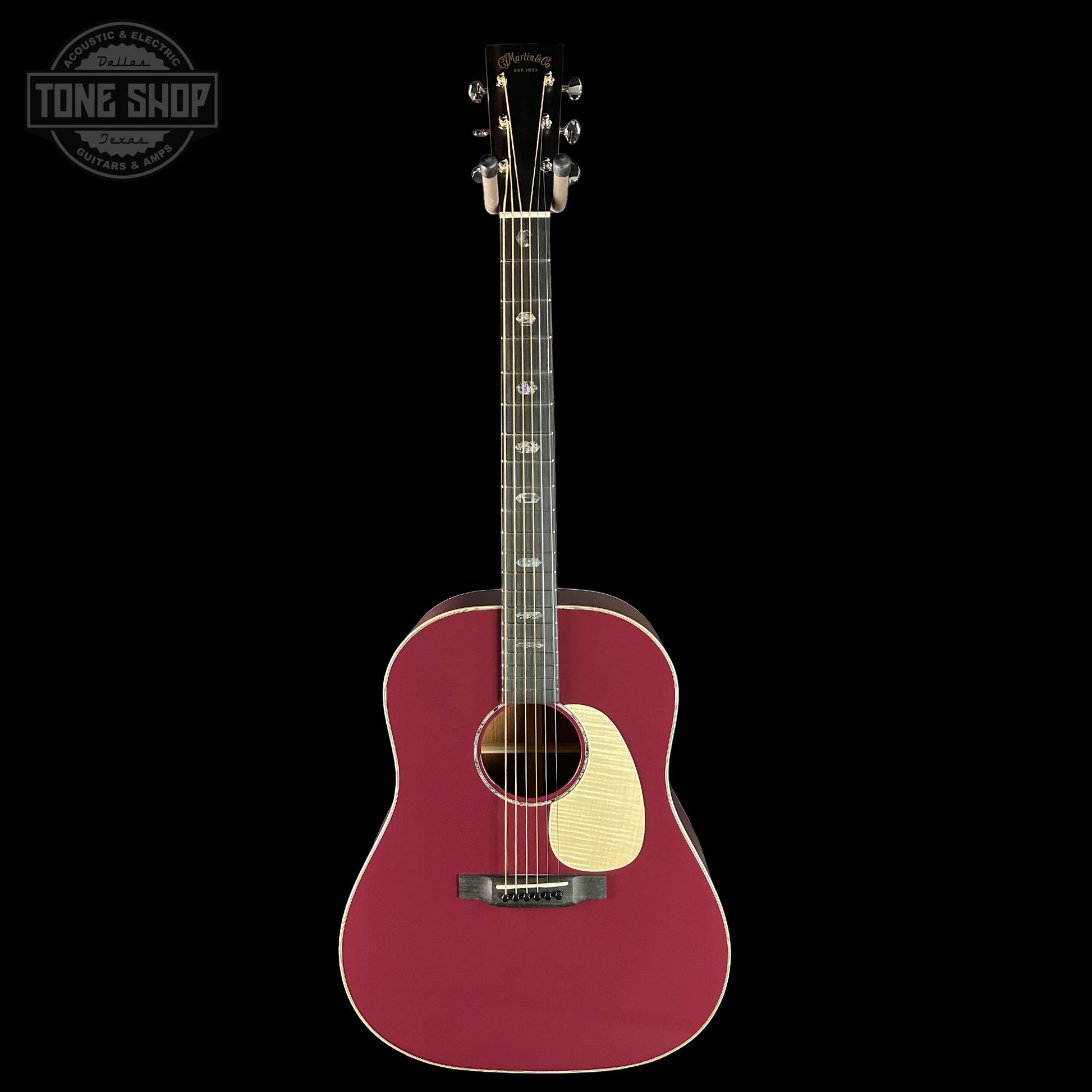 Full front of Martin Custom Shop Slope Shoulder Dread Spruce/Mahogany Burgundy.