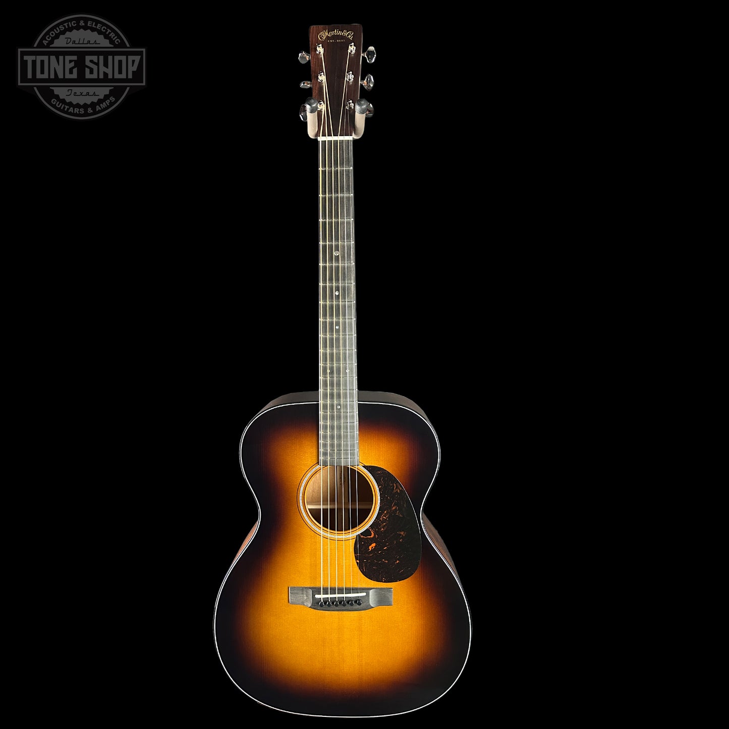 Full front of Martin Custom Shop 000 14-Fret Jaguar Claw Mahogany Sunburst.