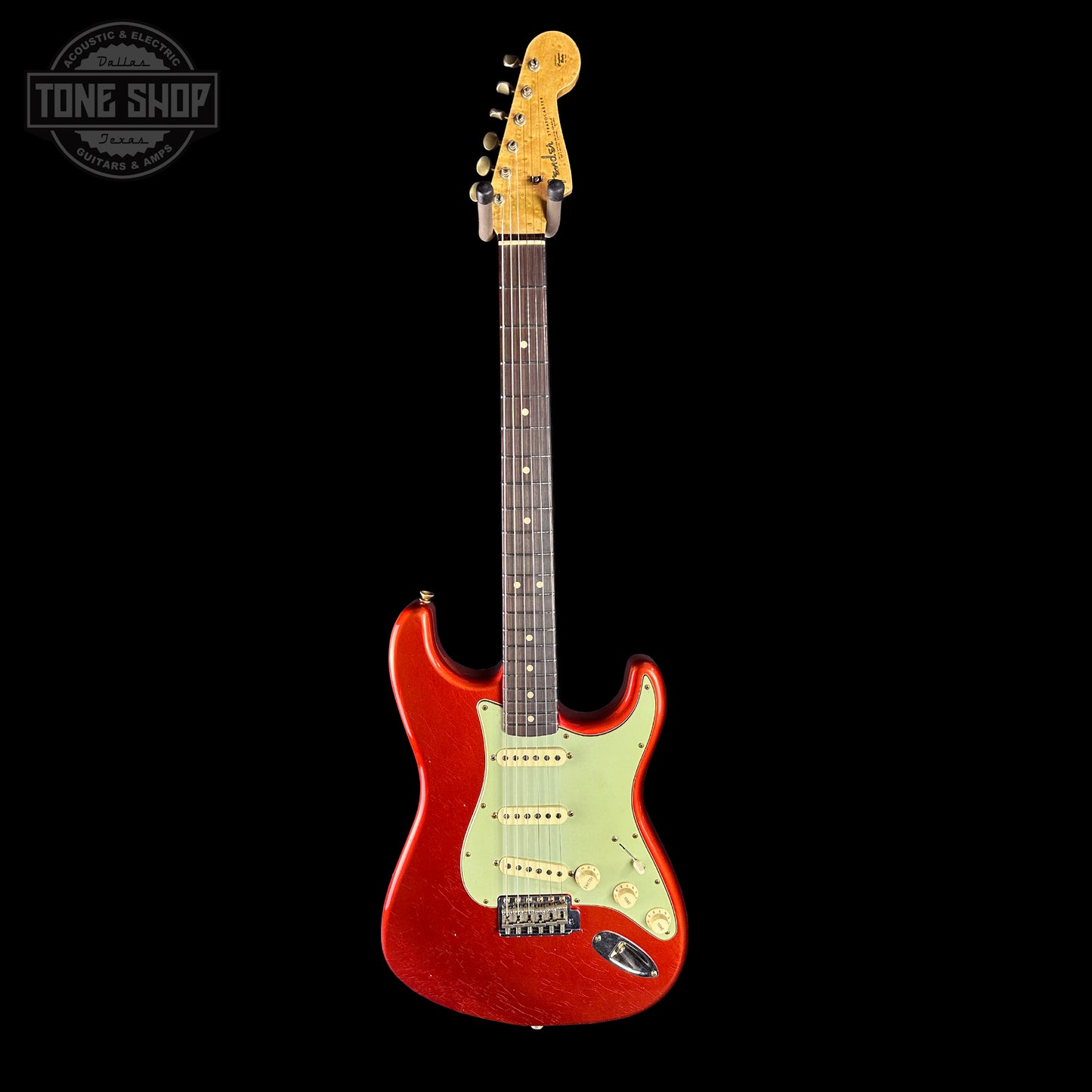 Full front of Fender Custom Shop 1963 Stratocaster Journeyman Relic AAA Maple Neck Melon Candy.