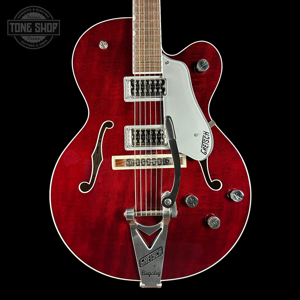 Front of Gretsch G6119T Pro Players Edition Tennessee Rose Dark Cherry Stain.