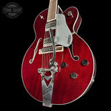 Front angle of Gretsch G6119T Pro Players Edition Tennessee Rose Dark Cherry Stain.