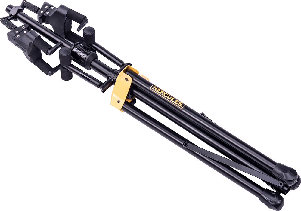 Folded up Hercules GS422B PLUS Auto Grab Double Guitar Stand.