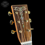 Headstock of Martin Custom Shop OM 42 Style Adirondack/Wild Grain East Indian Rosewood.