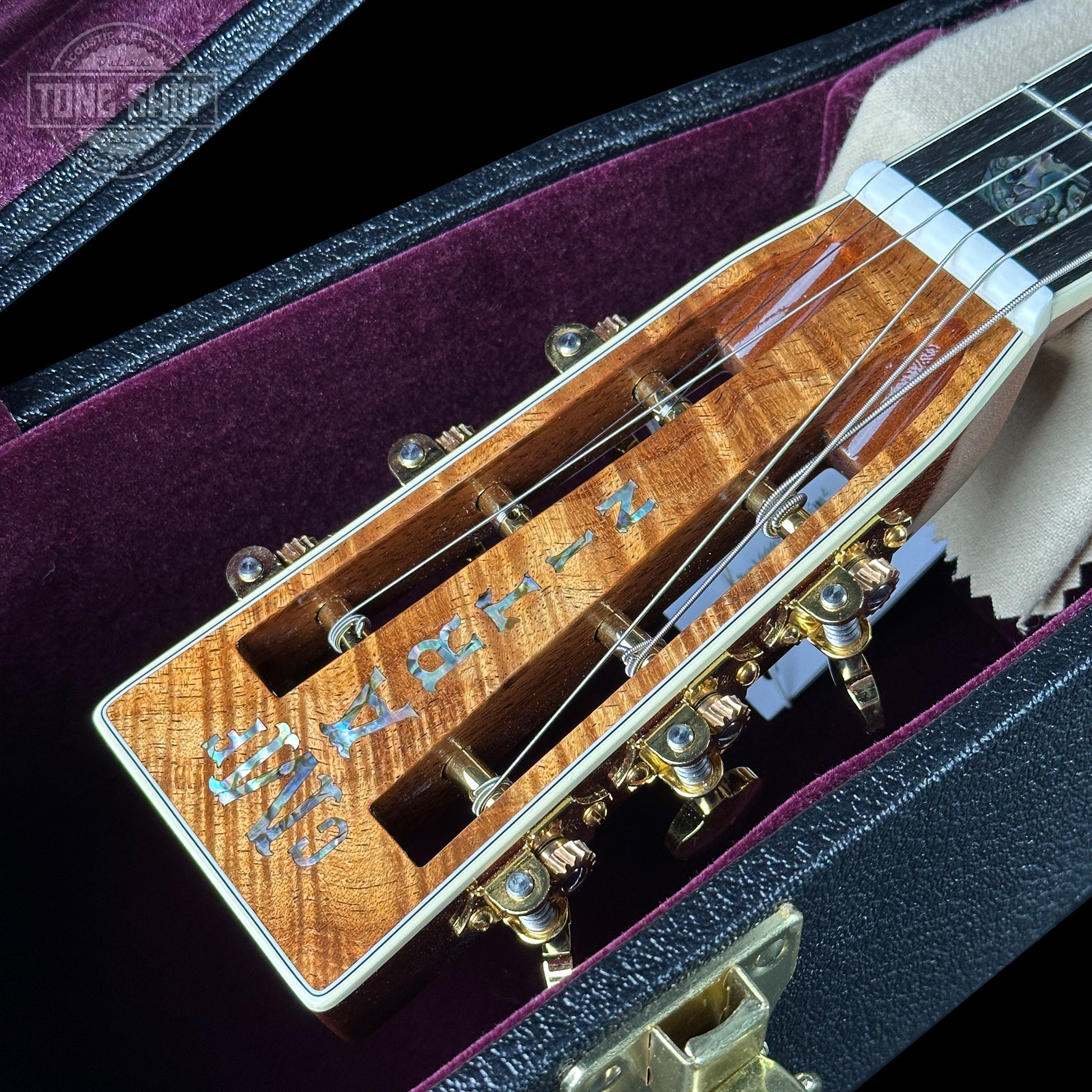 Close-up of a guitar's headstock with brand name on a purple case