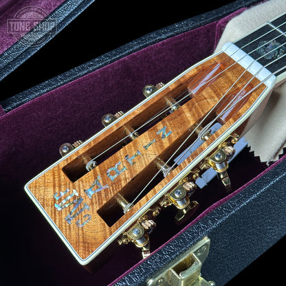 Close-up of a guitar's headstock with brand name on a purple case