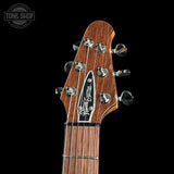 Headstock of Powers Electric A-Type Select Maple Cosmo Orange FF42 No PG Delrin Warm Gray Cam Tail Quilt.