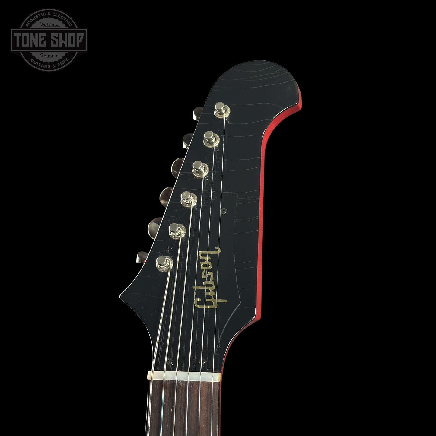 Headstock of Gibson Custom Dealer Select 1965 Non Reverse Firebird Ember Red Ultra Light Aged.