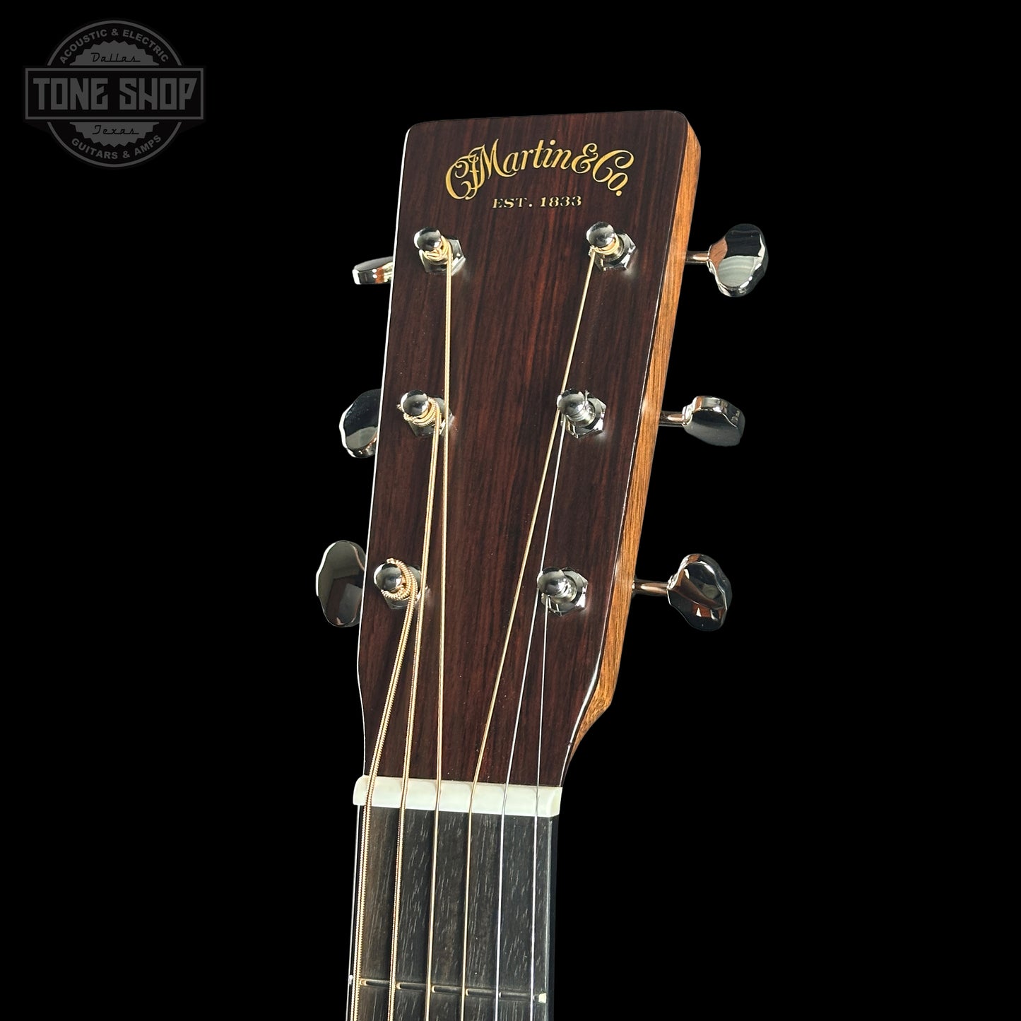 Guitar headstock with 'Martin & Co' branding on a black background