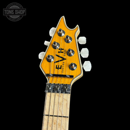 Headstock of EVH Custom Shop USA Wolfgang 2H Trans Amber.