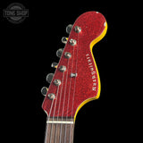 Headstock of Nash JG-63 Red Sparkle Light Aging.