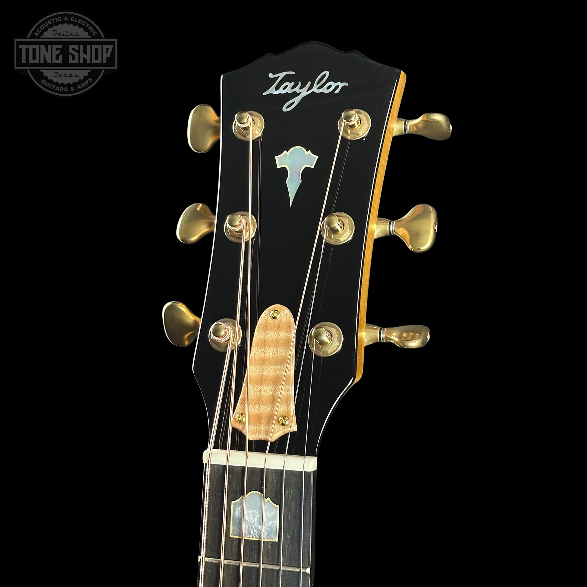 Taylor guitar headstock with brand logo on a black background