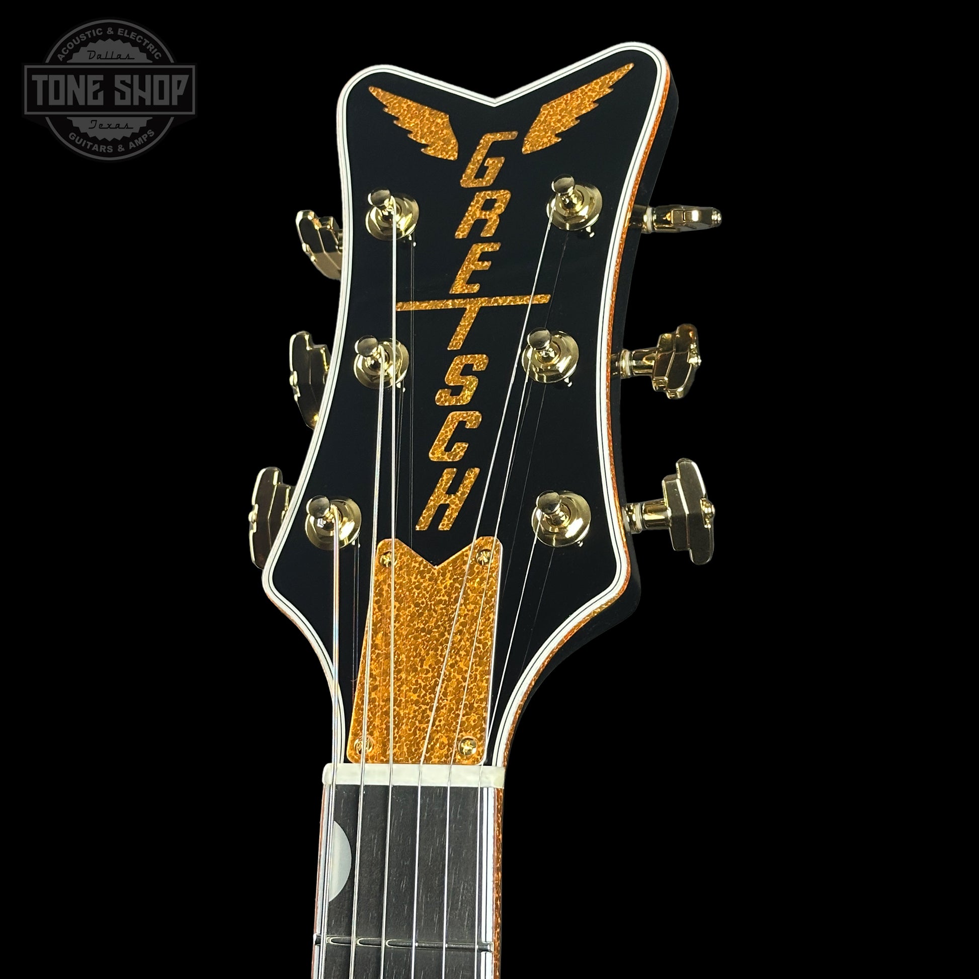 Headstock of Gretsch G6134T-58-TSFSR Tone Shop Exclusive Vintage Select Edition 58 Penguin Ebony.