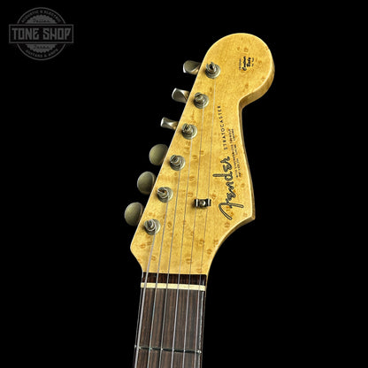 Headstock of Fender Custom Shop 1963 Stratocaster Journeyman Relic AAA Maple Neck Melon Candy.