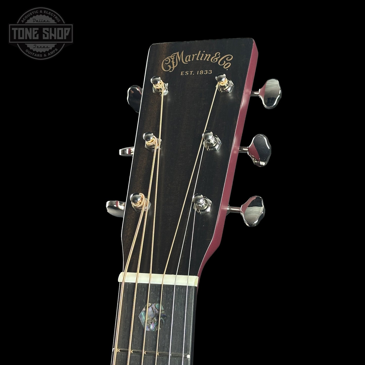 Headstock of Martin Custom Shop Slope Shoulder Dread Spruce/Mahogany Burgundy.