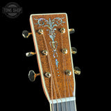 Headstock of Martin Custom Shop OM 41 Style Adirondack / Sinker Mahogany.