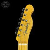 Headstock of Fender Custom Shop Vintage Custom 1950 Pine Esquire Time Capsule Aged White Blonde.