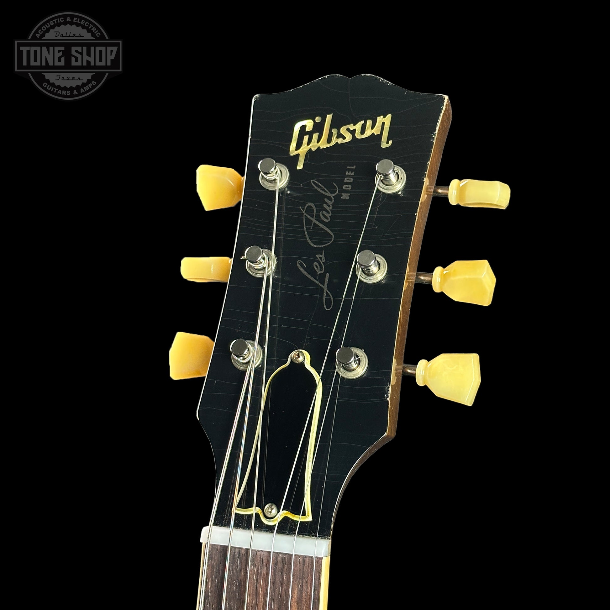 Headstock of Custom Shop Dealer Select 1956 Les Paul Standard Bigsby Ebony Top Light Aged NH.