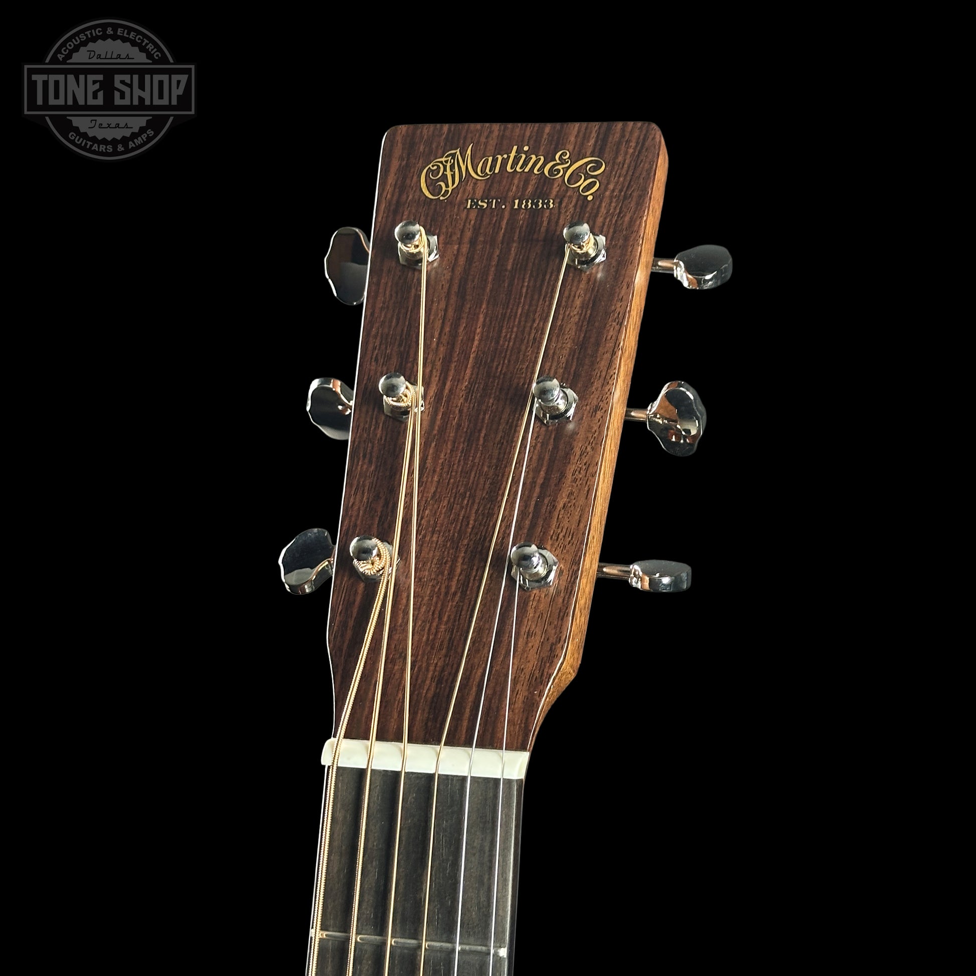 Guitar headstock with 'Martin & Co' branding on a black background