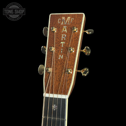 Headstock of Martin Custom Shop Dread 42 Style Adirondack/Sinker Mahogany.